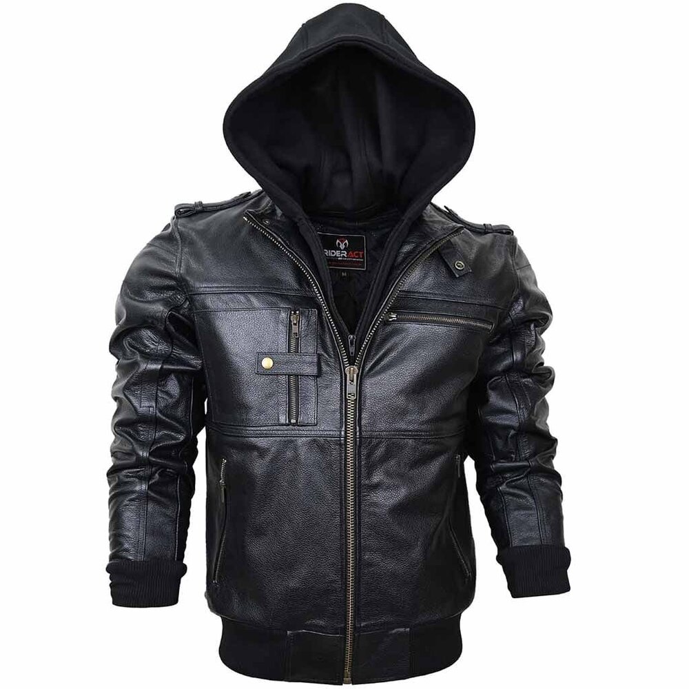 RIDERACT® Leather Motorcycle Jacket with Hood  Black Motorbike  Winter Jacket
